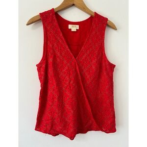 Maeve Anthropologie Red Eyelet Faux Wrap Sleeveless V-Neck Top Womens Size 6